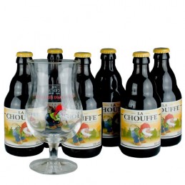 Lot de 6 bières Chouffe blonde 33 cl + 1 verre. Bière de saveur de la brasserie duvel