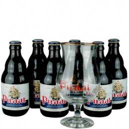 Lot de 6 bouteilles de bière Piraat + 1 verre. Brasserie Van Steeberge